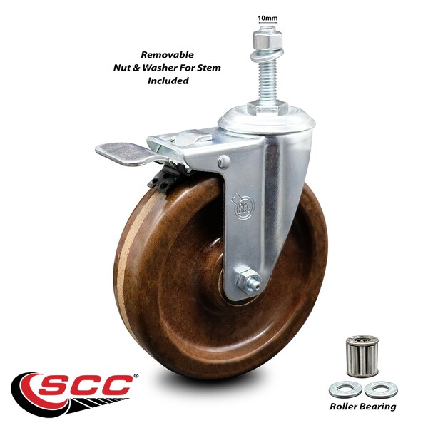 5 Inch High Temp Phenolic Swivel 10mm Stem Caster with Total Lock Brake SCC